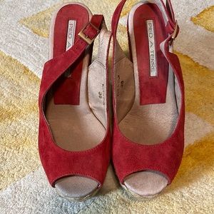 Super cute read kid suede wedge sandals with espadrilles platform detail.